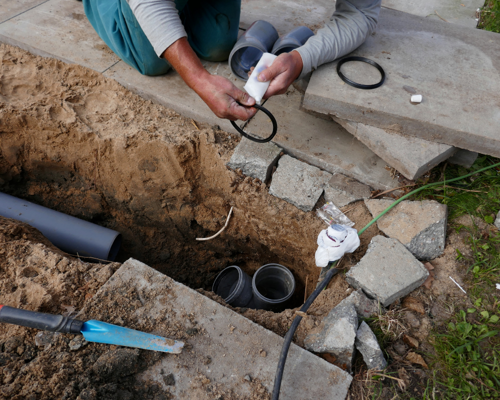 Plumber connecting PVC drain pipes underground with coupling fittings during installation in a concrete trench.