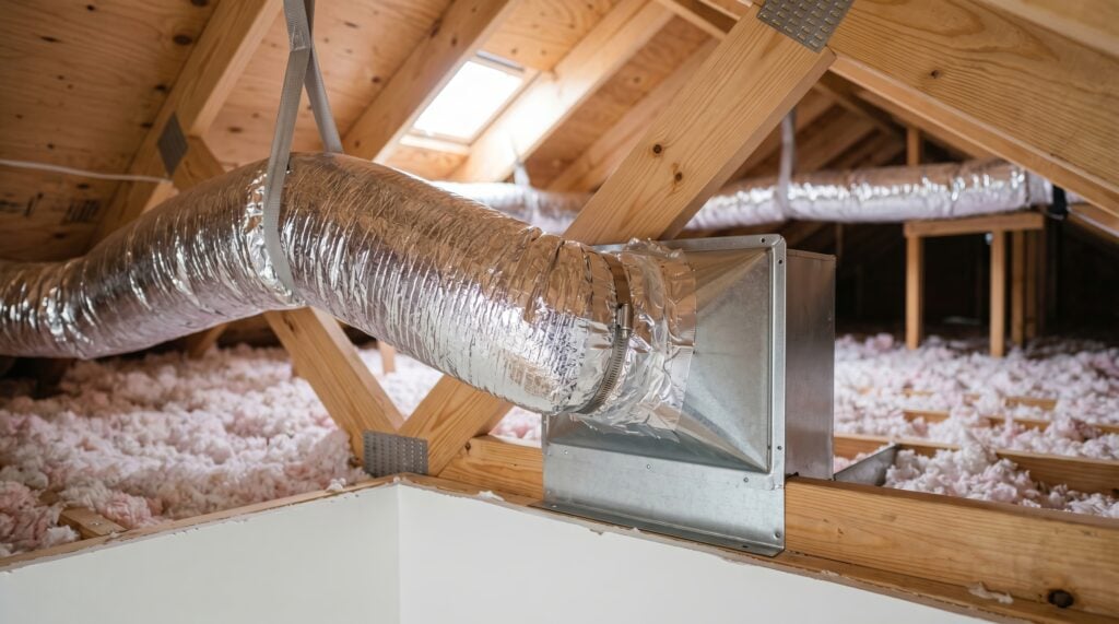 An attic with a properly sealed HVAC duct.